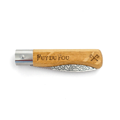 Couteau Viking Puy du Fou plié, manche chêne gravé logo Puy du Fou et haches croisées