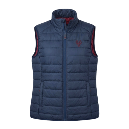 Doudoune sans manches femme Puy du Fou, matelassée, coloris bleu marine, doublure rouge visible.