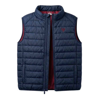 Doudoune sans manches homme Puy du Fou bleu marine ouverte, montrant la doublure rouge et le logo brodé.