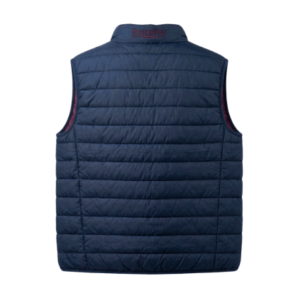 Doudoune sans manches homme Puy du Fou vue de dos, broderie Puy du Fou sur le col, coloris bleu marine.