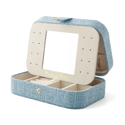 Grande boîte à bijoux lin Puy du Fou coloris bleu ouverte – miroir amovible et compartiments velours
