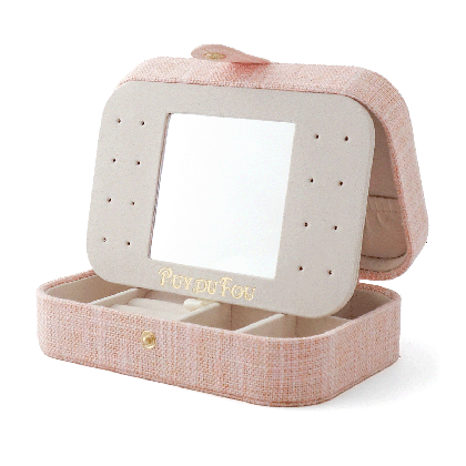 Grande boîte à bijoux lin Puy du Fou coloris rose ouverte – miroir amovible, compartiments velours et inscription dorée