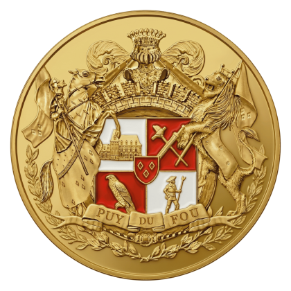 Jeton touristique Armoiries Puy du Fou – face avant détaillée avec chevalier, lion couronné, faucon, château et soldat, émaux rouge et blanc, Monnaie de Paris