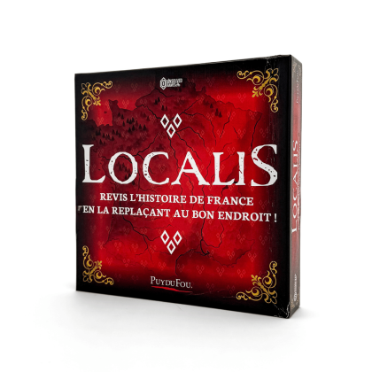 Boîte du jeu de société Localis Puy du Fou vue de trois quarts sur fond blanc, visuel rouge et noir avec carte de France stylisée et ornements dorés.
