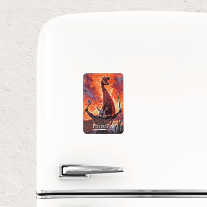 Magnet relief Vikings Puy du Fou fixé sur un réfrigérateur blanc