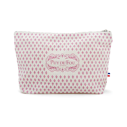 Pochette Puy du Fou 1900 motif fleurs de lys rose sur fond blanc, fermeture éclair, étiquette tricolore