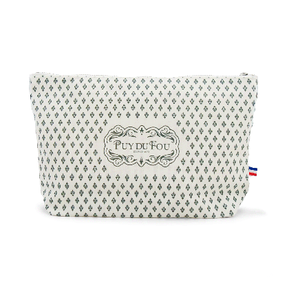 Pochette Puy du Fou 1900 motif fleurs de lys vert sur fond blanc, fermeture éclair, étiquette tricolore
