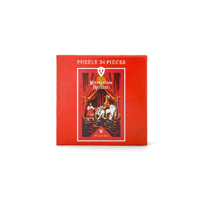 Face avant de la boîte rouge du puzzle 54 pièces Mousquetaire du Richelieu Puy du Fou avec illustration du mousquetaire à cheval