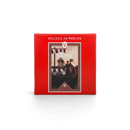 Puzzle 54 pièces Les Vikings Puy du Fou – face avant de la boîte avec illustration du spectacle, viking et drakkar sur fond rouge