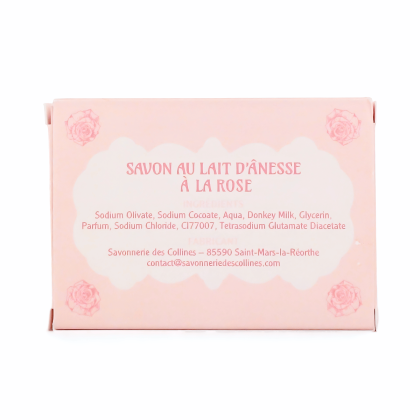 Composition et ingrédients INCI du savon au lait d'ânesse à la rose Puy du Fou, fabriqué par la Savonnerie des Collines en Vendée