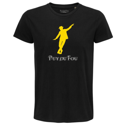 T-shirt noir Puy du Fou avec la silhouette jaune du Mime en mouvement et le logo Puy du Fou en lettrage blanc sur la poitrine
