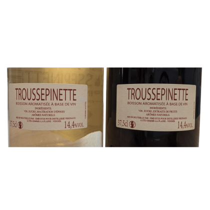 Étiquette de la Troussepinette, boisson aromatisée à base de vin, mentionnant les ingrédients vin, sucre, macération d’épines et extraits de fruits, 37,5 cl, 14,4% vol, mise en bouteille par la distillerie Vrignaud en Vendée.