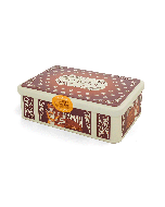 Boîte métal collector biscuits caramel Puy du Fou, illustration "Maman fait du Caramel" sur fond marron et crème