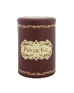 Boîte cylindrique marron et beige Puy du Fou avec couvercle, motifs rétro début XXe siècle