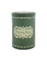 Boîte cylindrique verte et beige Puy du Fou avec couvercle, motifs rétro début XXe siècle