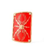 Bouclier en bois romain Puy du Fou vue d'angle montrant la forme et les détails décoratifs inspirés du spectacle Le Signe du Triomphe