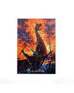 Puzzle assemblé Les Vikings montrant un drakkar noir avec guerrier brandissant une hache sur fond de ciel orange et violet flamboyant, logo Puy du Fou