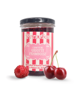 Confiture Griotte Framboise - image de face avec cerises er framboise