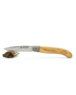Couteau alpage en olivier - ouvert sur support