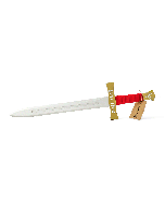 Épée en bois médiévale rouge rappelant Excalibur du spectacle l'Epée du Roi Arthur avec sa lame argentée, vue de profil avec poignée rouge enroulée