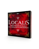 Boîte du jeu de société Localis Puy du Fou vue de trois quarts sur fond blanc, visuel rouge et noir avec carte de France stylisée et ornements dorés.