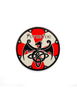Magnet rond bouclier bicolore viking aux couleurs rouge et beige avec dragon noir et motifs celtiques, logo Puy du Fou