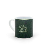 Mug Le Dernier Panache Puy du Fou avec la devise "Combattu souvent, battu parfois, abattu jamais !" et plume illustrée sur fond vert