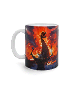 Mug affiche Les Vikings Puy du Fou – illustration d'un guerrier nordique brandissant ses armes face à un drakkar en flammes