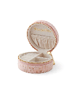 Petite boîte à bijoux lin Puy du Fou coloris rose ouverte – vue du dessus, compartiments velours et logo doré embossé