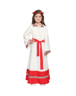 Robe déguisement Sybèle portée avec couronne de fleur rouge