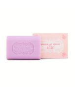 Savon artisanal au lait d'ânesse à la rose Puy du Fou, pain rose poudré avec logo embossé et son emballage