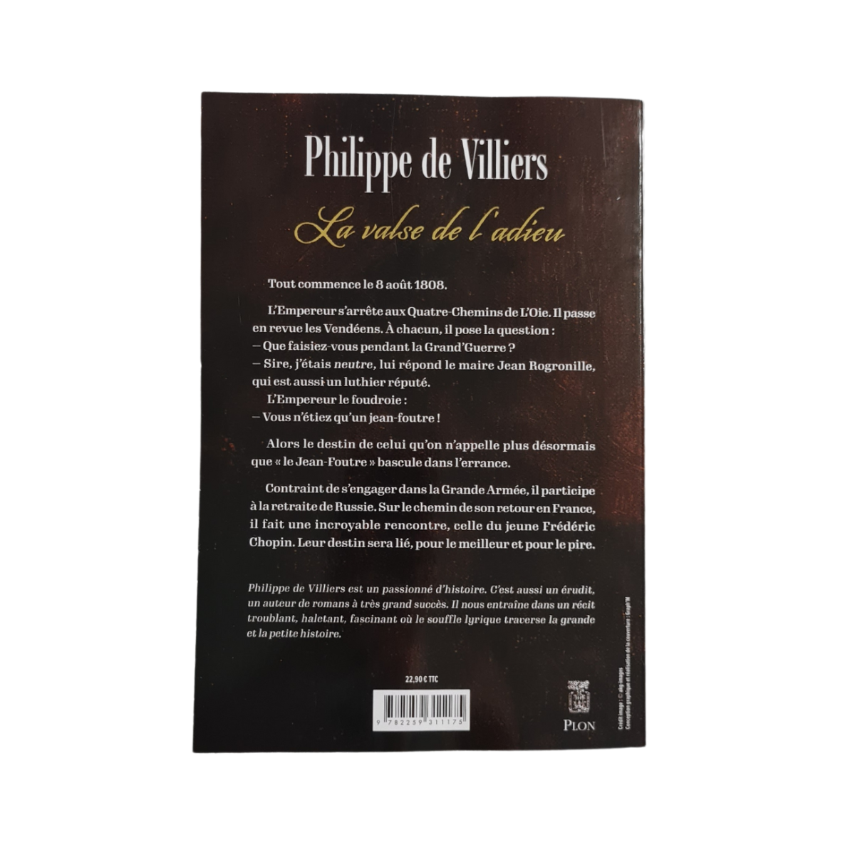 Quatrième de couverture du livre La Valse de l'Adieu de Philippe de Villiers, avec résumé du livre, boutique officielle du Puy du Fou.
