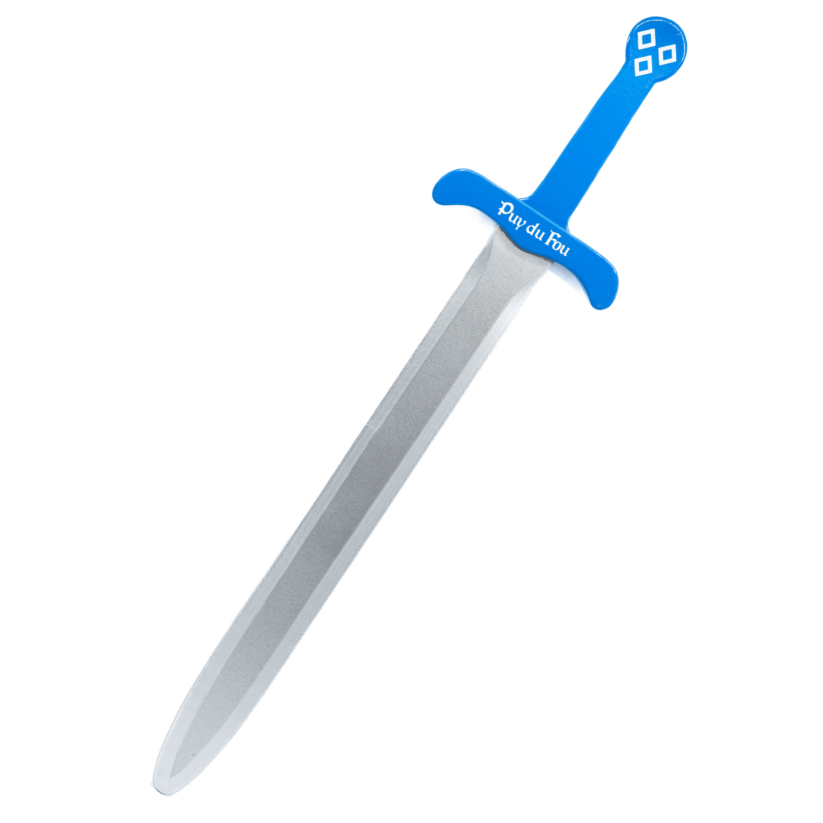 Épée mâcles en bois avec un manche bleu, vue de face sur fond blanc, boutique officielle du Puy du Fou.