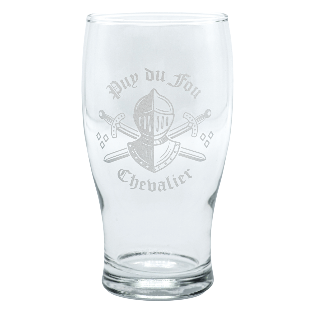 Verre à bière Chevalier transparent sur fond blanc, motif casque et épée, boutique officielle du Puy du Fou.
