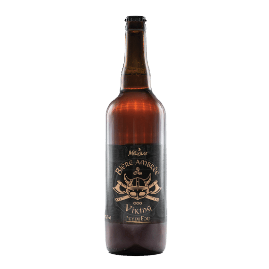 Bouteille de bière ambrée Viking de 75 cl, étiquette ornée de motifs vikings, sur fond blanc, boutique officielle du Puy du Fou.