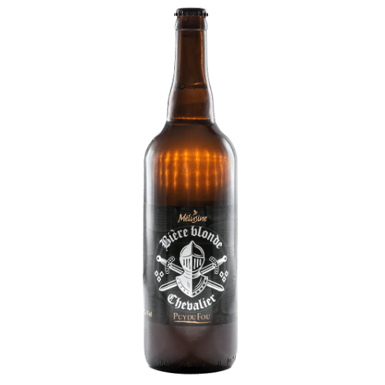 Bouteille de bière blonde Chevalier 75cl, étiquette ornée d'un emblème de chevalier et du texte descriptif, boutique officielle du Puy du Fou.