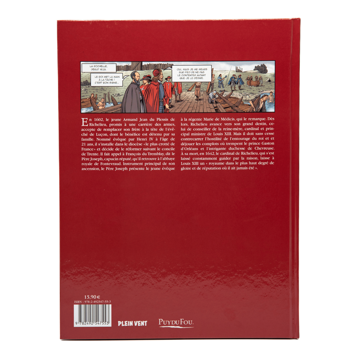 Quatrième de couverture de la bande dessinée Richelieu avec illustration des mousquetaires, boutique officielle du Puy du Fou.