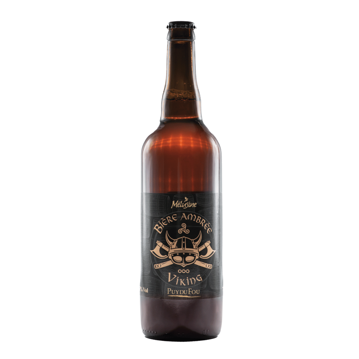 Bouteille de bière ambrée Viking de 75 cl, étiquette ornée de motifs vikings, sur fond blanc, boutique officielle du Puy du Fou.