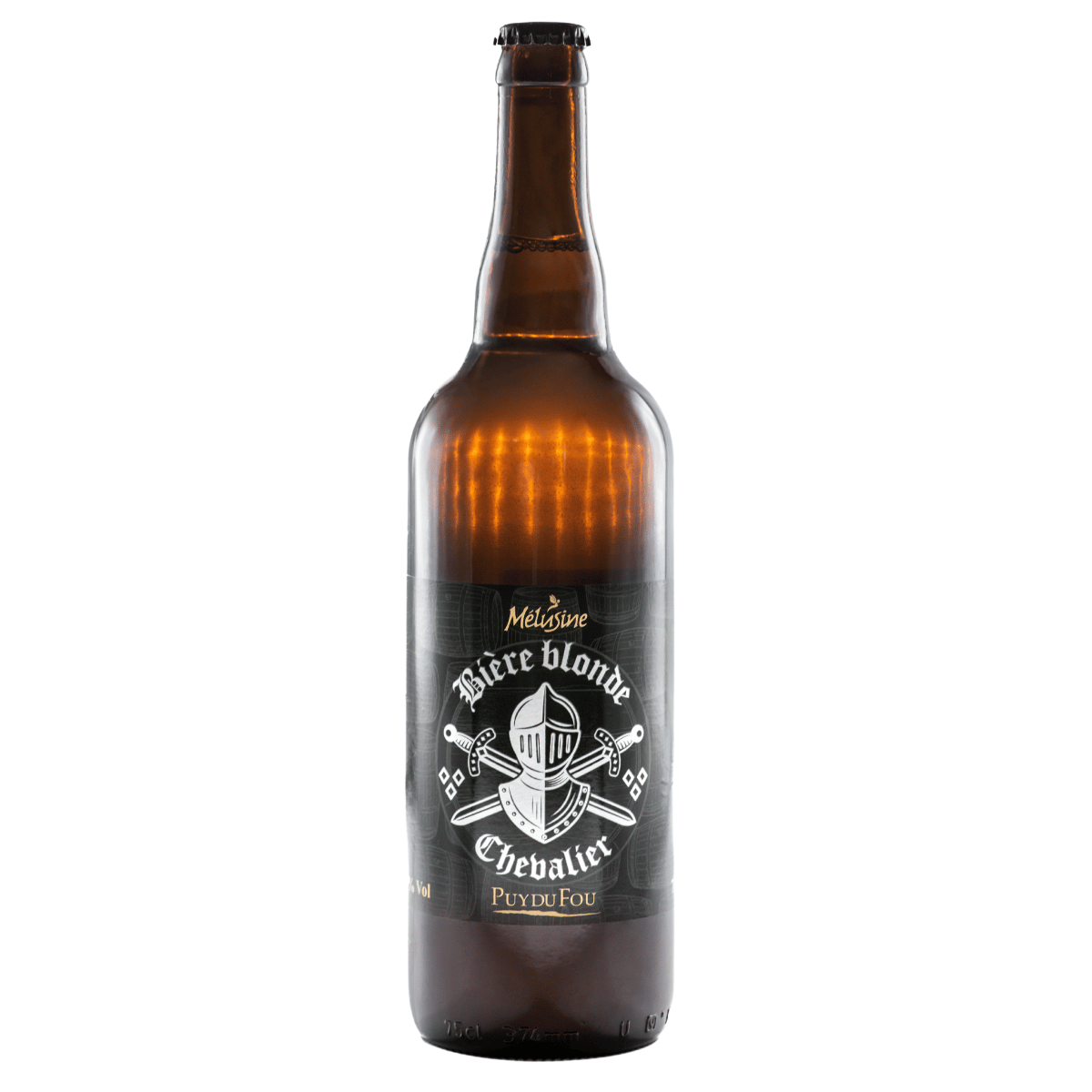 Bouteille de bière blonde Chevalier 75cl, étiquette ornée d'un emblème de chevalier et du texte descriptif, boutique officielle du Puy du Fou.
