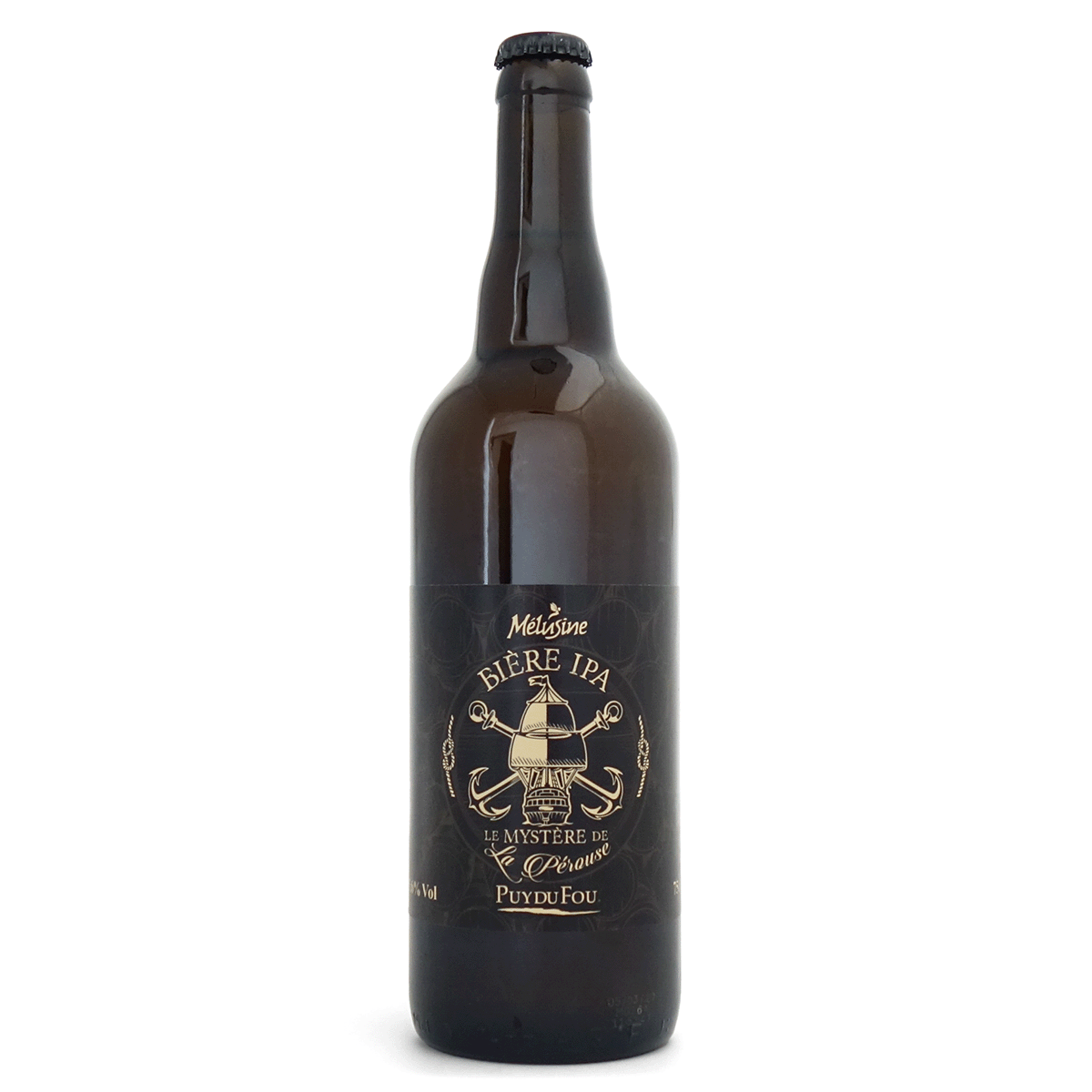 Bouteille de bière blonde bio IPA Le Mystère de La Pérouse 75cl Puy du Fou, étiquette Mélusine avec illustration de navire