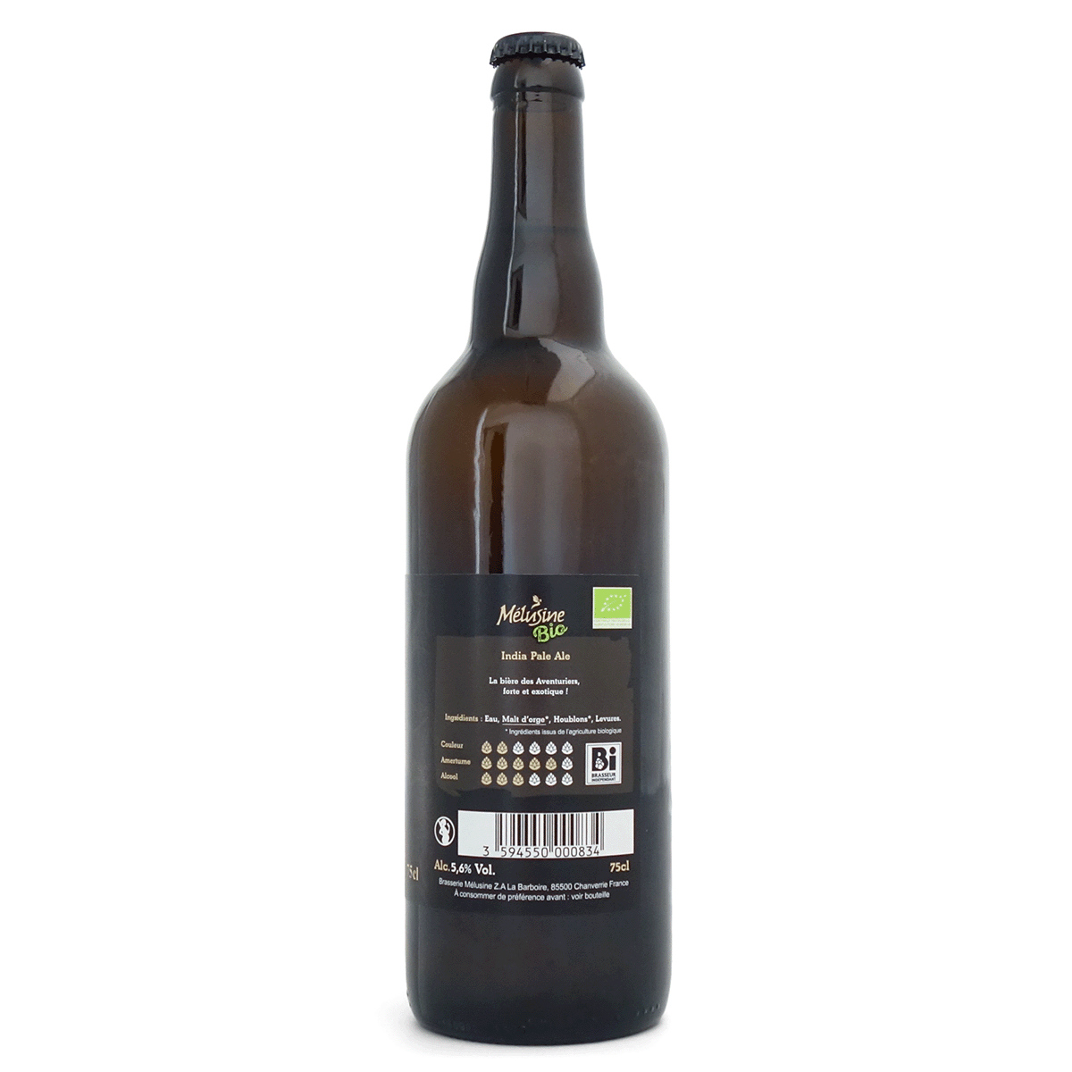 Contre-étiquette de la bière blonde bio IPA La Pérouse Mélusine 75cl, ingrédients et certification bio agriculture biologique