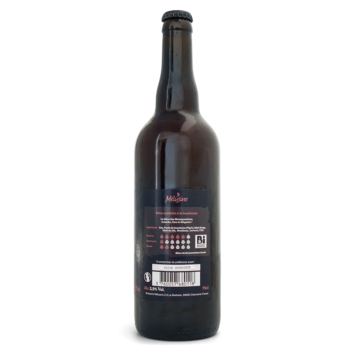 Contre-étiquette bière framboise Mousquetaire 75cl, ingrédients et taux d'alcool 3,9% vol.