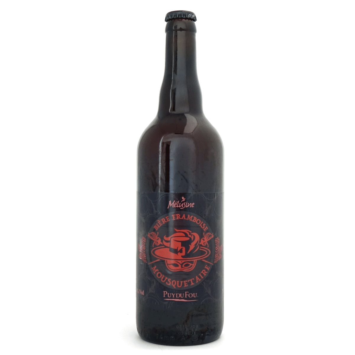Bouteille de bière framboise Mousquetaire 75cl Puy du Fou, étiquette avec chapeau et masque de mousquetaire