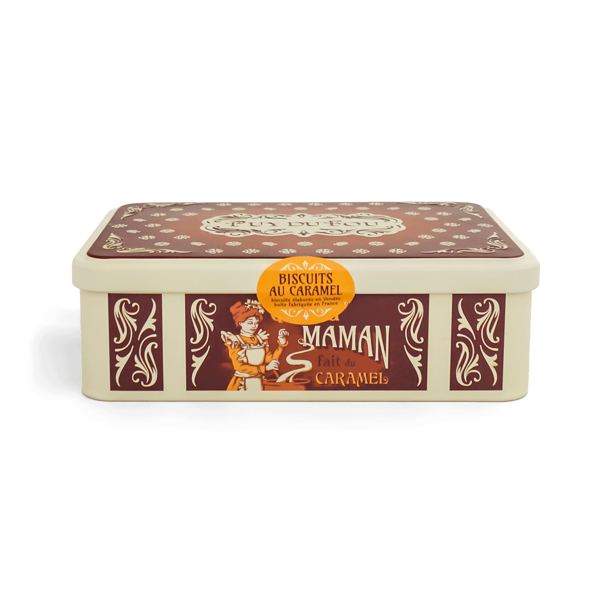 Boîte métal marron Puy du Fou 250g biscuits au caramel, face principale 