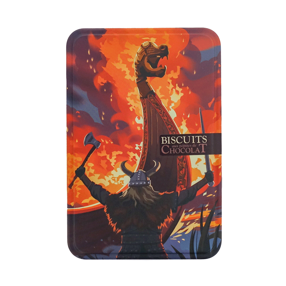 Couvercle boîte métal Vikings Puy du Fou, illustration guerrier viking brandissant hache et épée devant drakkar embrasé