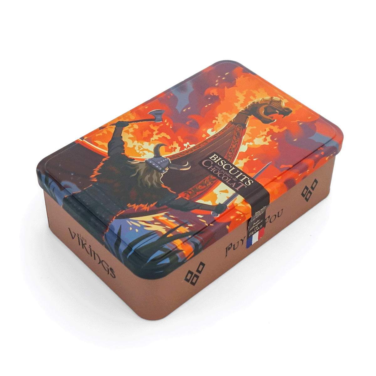 Boîte métal biscuits aux pépites de chocolat Vikings Puy du Fou avec bandeau et drapeau France vue de 3/4