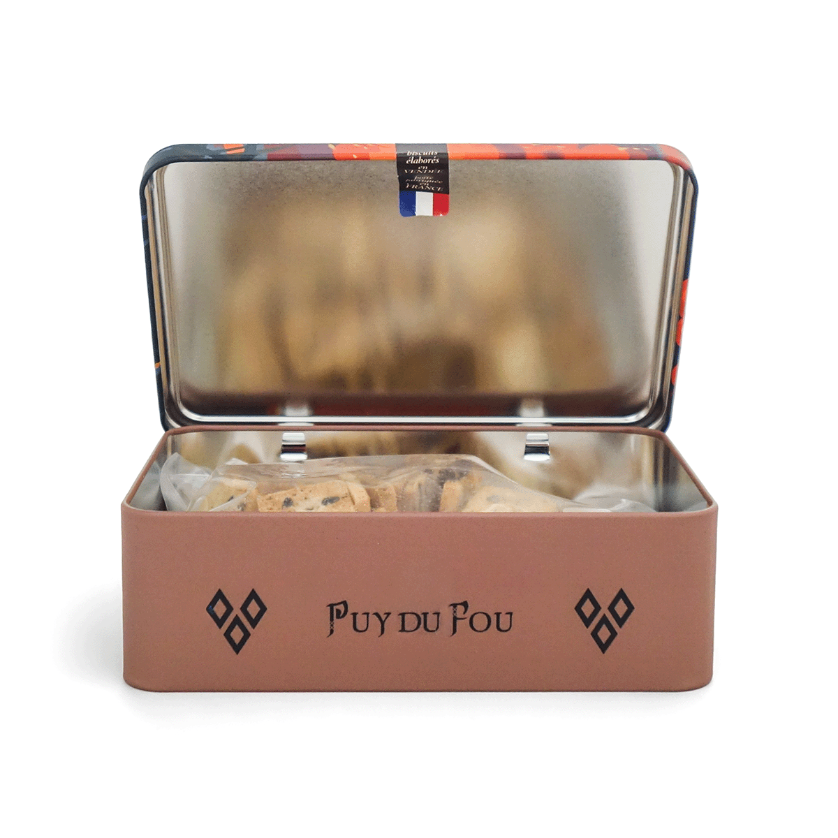 Intérieur boîte métal biscuits Vikings Puy du Fou avec étiquette fabriqué en France