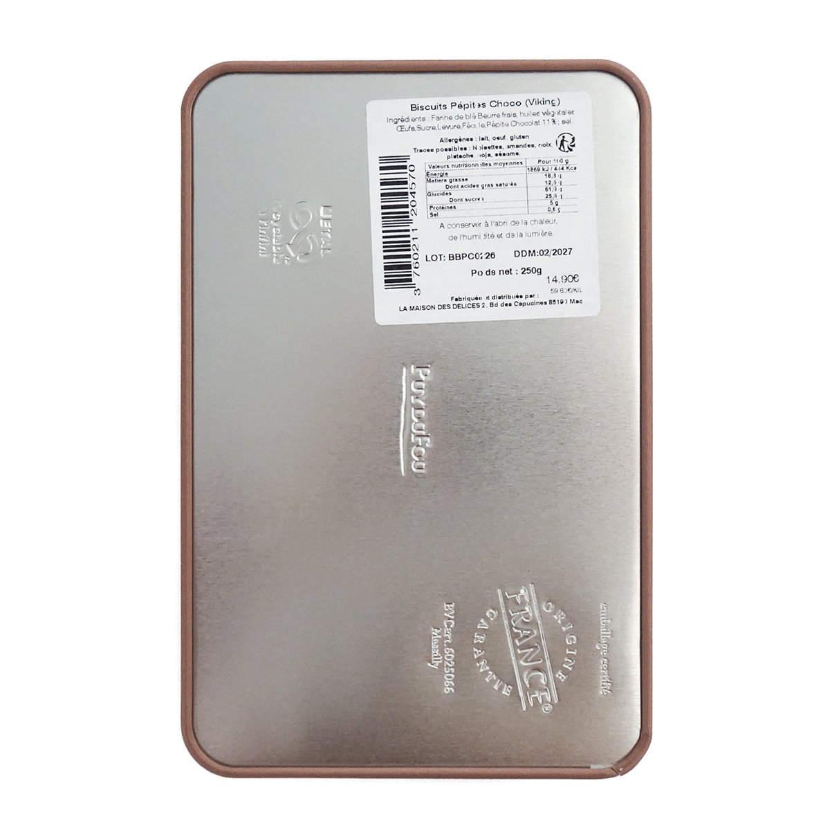 Dos boîte métal biscuits Vikings Puy du Fou avec liste des ingrédients et label Origine France Garantie