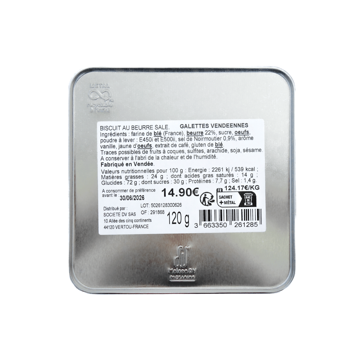 Boîte de galettes vendéennes Armoiries Ornements - dessous de la boîte avec ingrédients