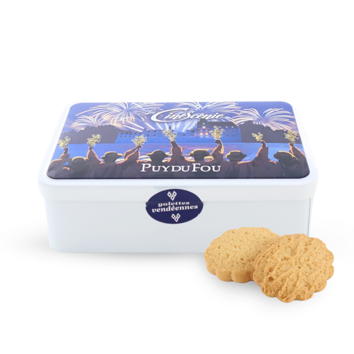 Boite de galettes vendéennes Cinéscénie - de face avec biscuits